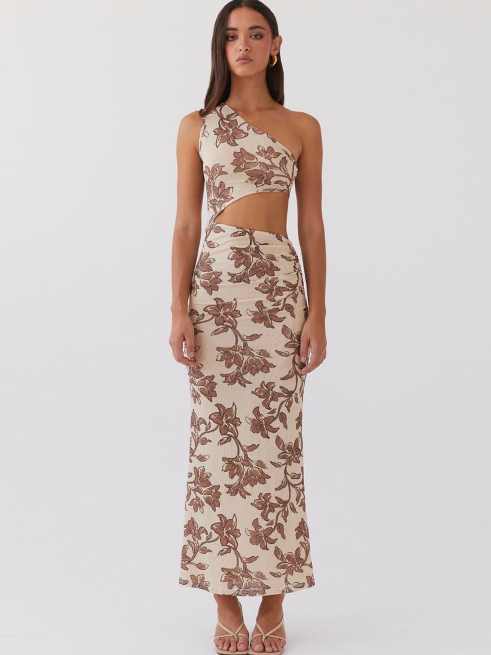 Peppermayo One-Shoulder Cutout Floral Maxi Dress in Beige and Brown